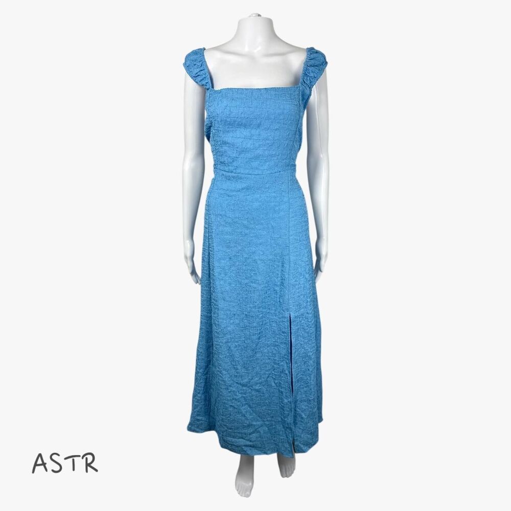 NWT ASTR The Label Women's Crinkle Shoulder Side Slit Maxi Dress in Blue Size L
